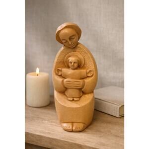 Modernist Nativity Sculpture Mary & Child Figurine Tan Stone Crushed Onyx Resin